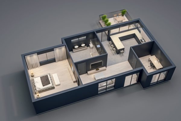 modern interior design, isolated floor plan with black walls, blueprint of apartment, house, furniture, isometric, perspective view, 3d rendering